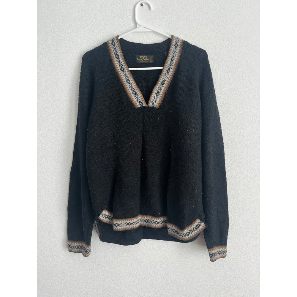 American South Side‎ Alpaca Wool V-Neck Sweater Black Fair Isle Made in Peru